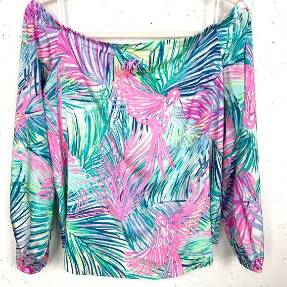 Lilly Pulitzer Adira Stretch Silk Off The Shoulder Blouse Pink Sunset Size Small - Picture 1 of 9
